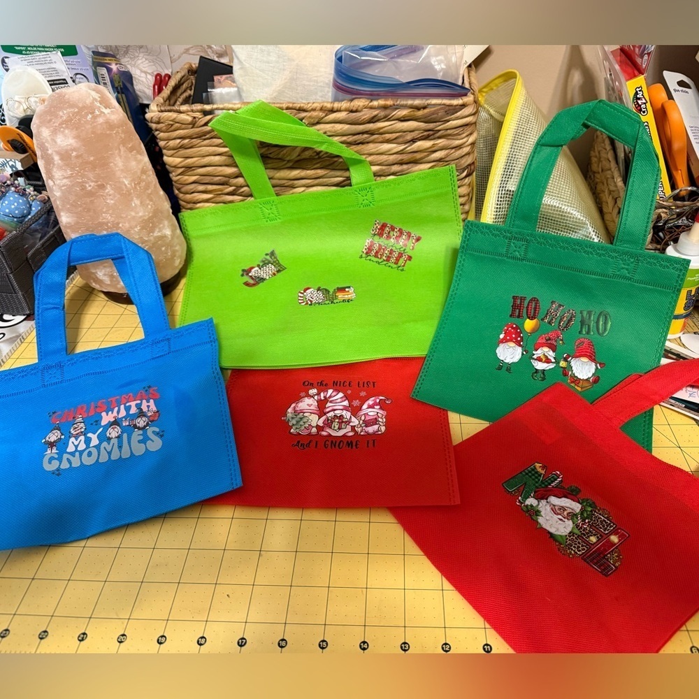 Hand Pressed Set of 5 Holiday Reusable Gift Bags!